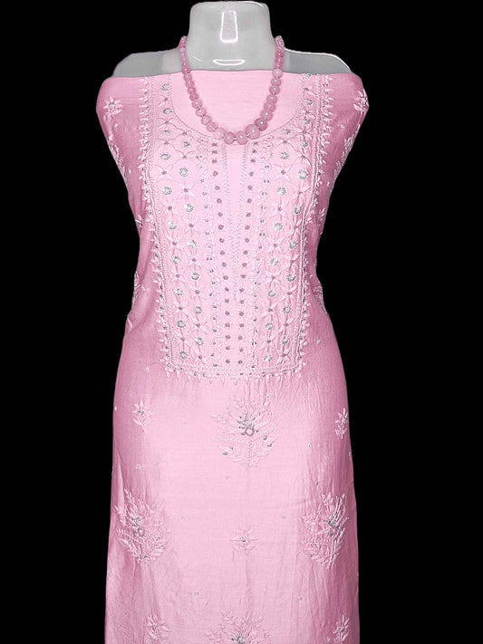 Mal Chanderi Chikankari And Zardozi Women's Unstitched Kurta Dupatta - Pink