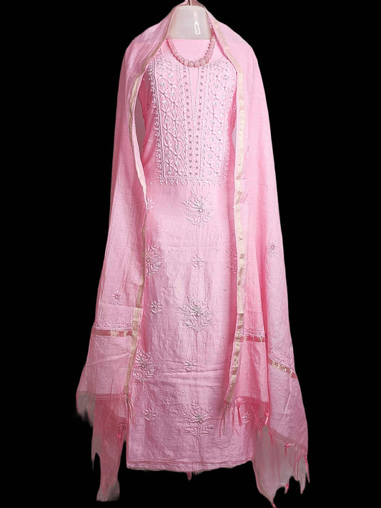 Mal Chanderi Chikankari And Zardozi Women's Unstitched Kurta Dupatta - Pink
