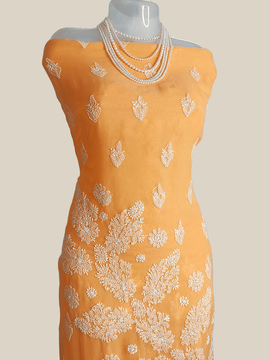 Semi Georgette Chikankari Women's Unstitched Kurta Dupatta - Orange