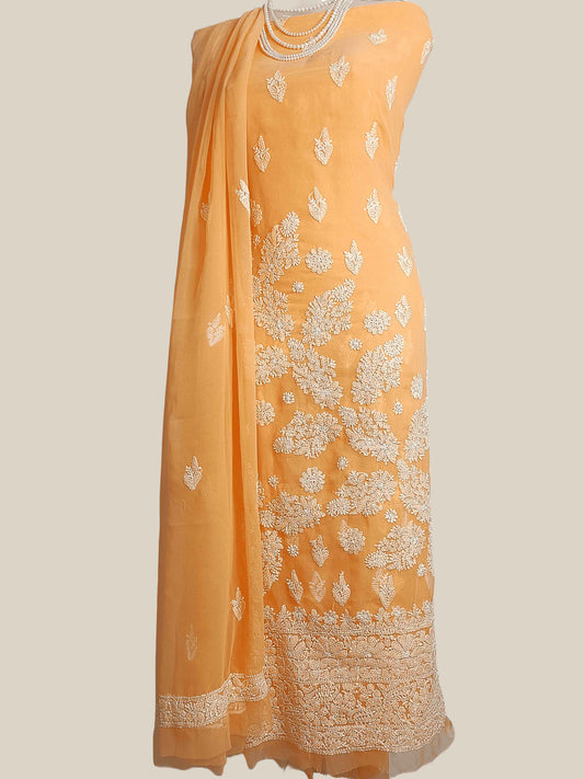 Semi Georgette Chikankari Women's Unstitched Kurta Dupatta - Orange
