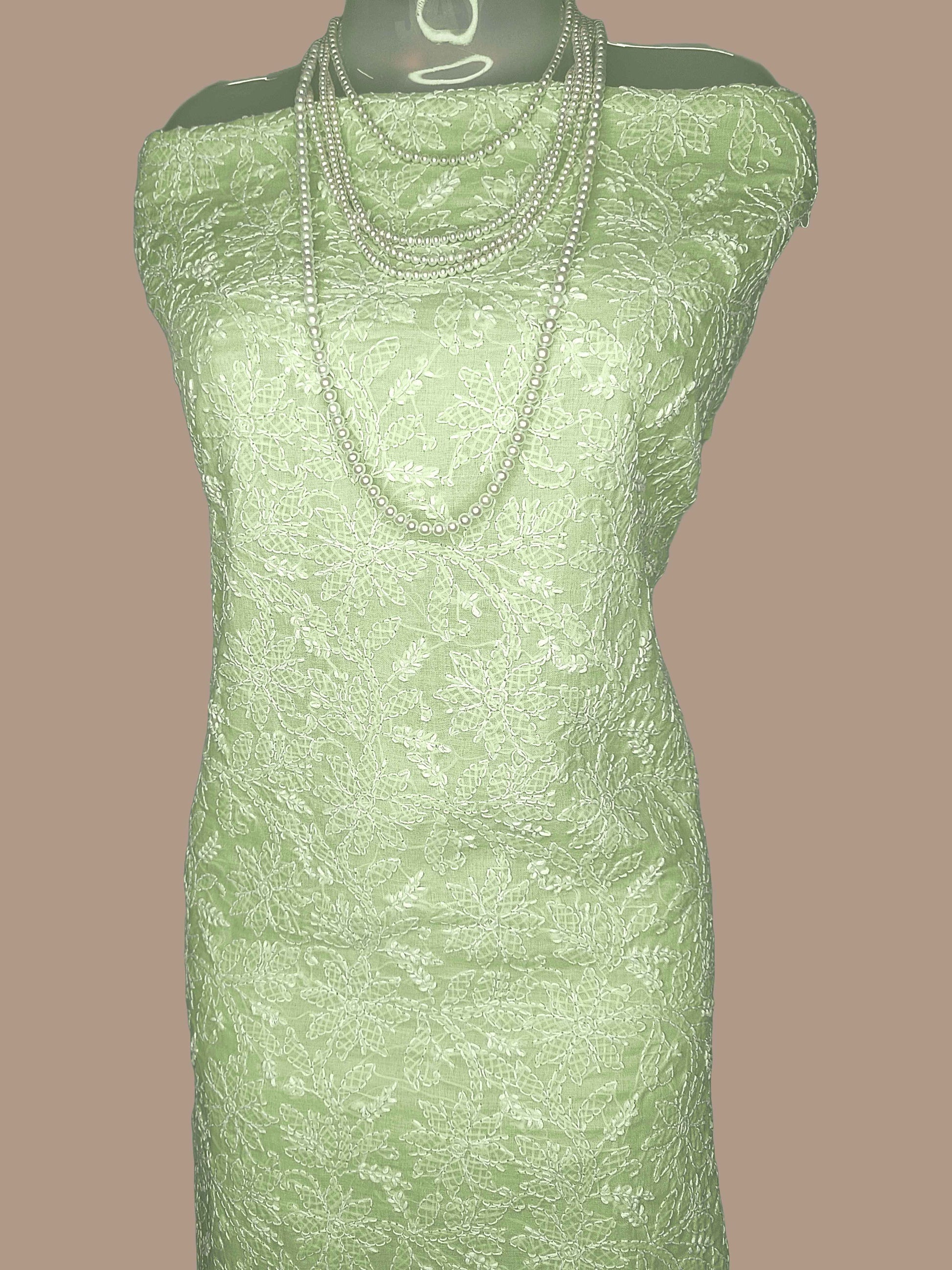 Cotton Chikankari Women's Unstitched Kurta Dupatta - Lime Green