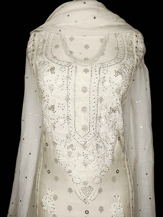 Banarasi Silk Chikankari Women’s Unstitched Kurta Dupatta - Golden Beige