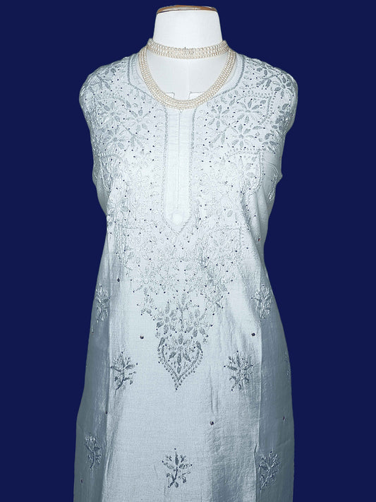 Stitched Semi-Chanderi Chikankari Women's Kurta with Mukesh Work - Blue Ombre