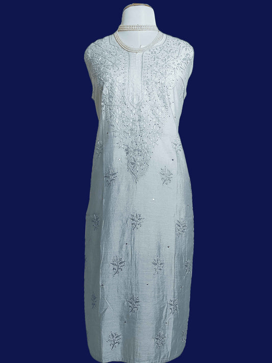 Stitched Semi-Chanderi Chikankari Women's Kurta with Mukesh Work - Blue Ombre