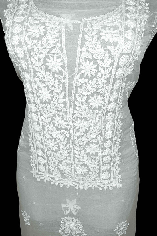 Unstitched Semi Organza Chikankari And Zardozi Women's Kurta Dupatta - White