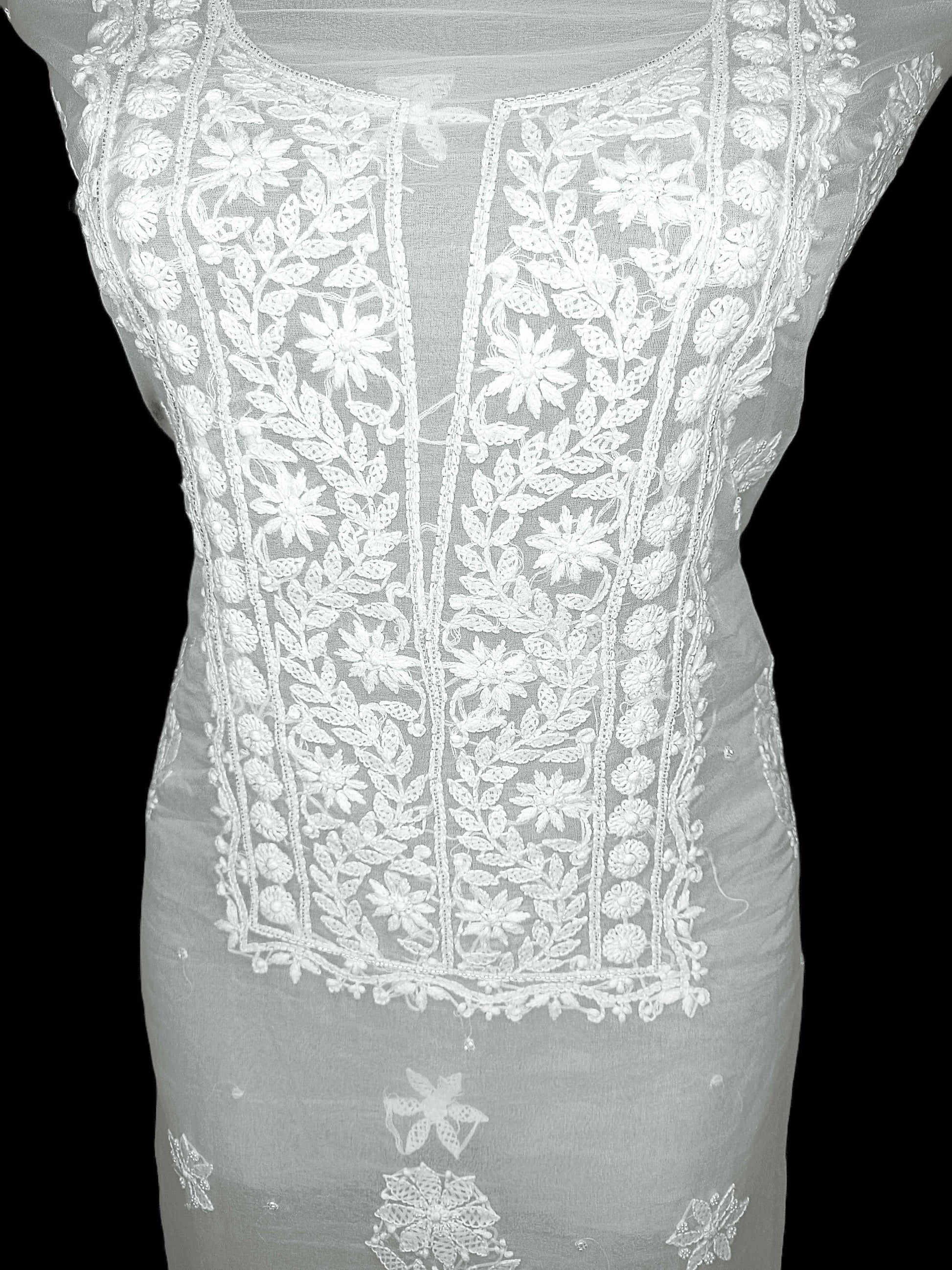 Unstitched Semi Organza Chikankari And Zardozi Women's Kurta Dupatta - White