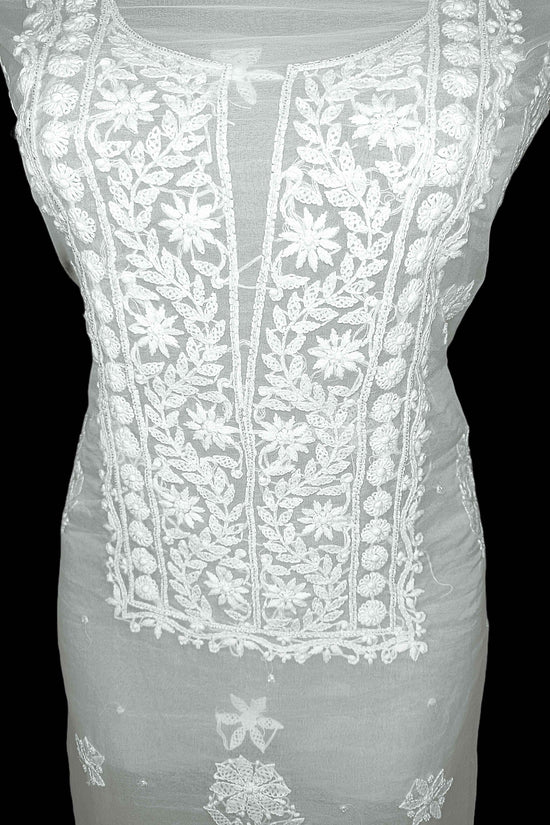 Unstitched Semi Organza Chikankari And Zardozi Women's Kurta Dupatta - White