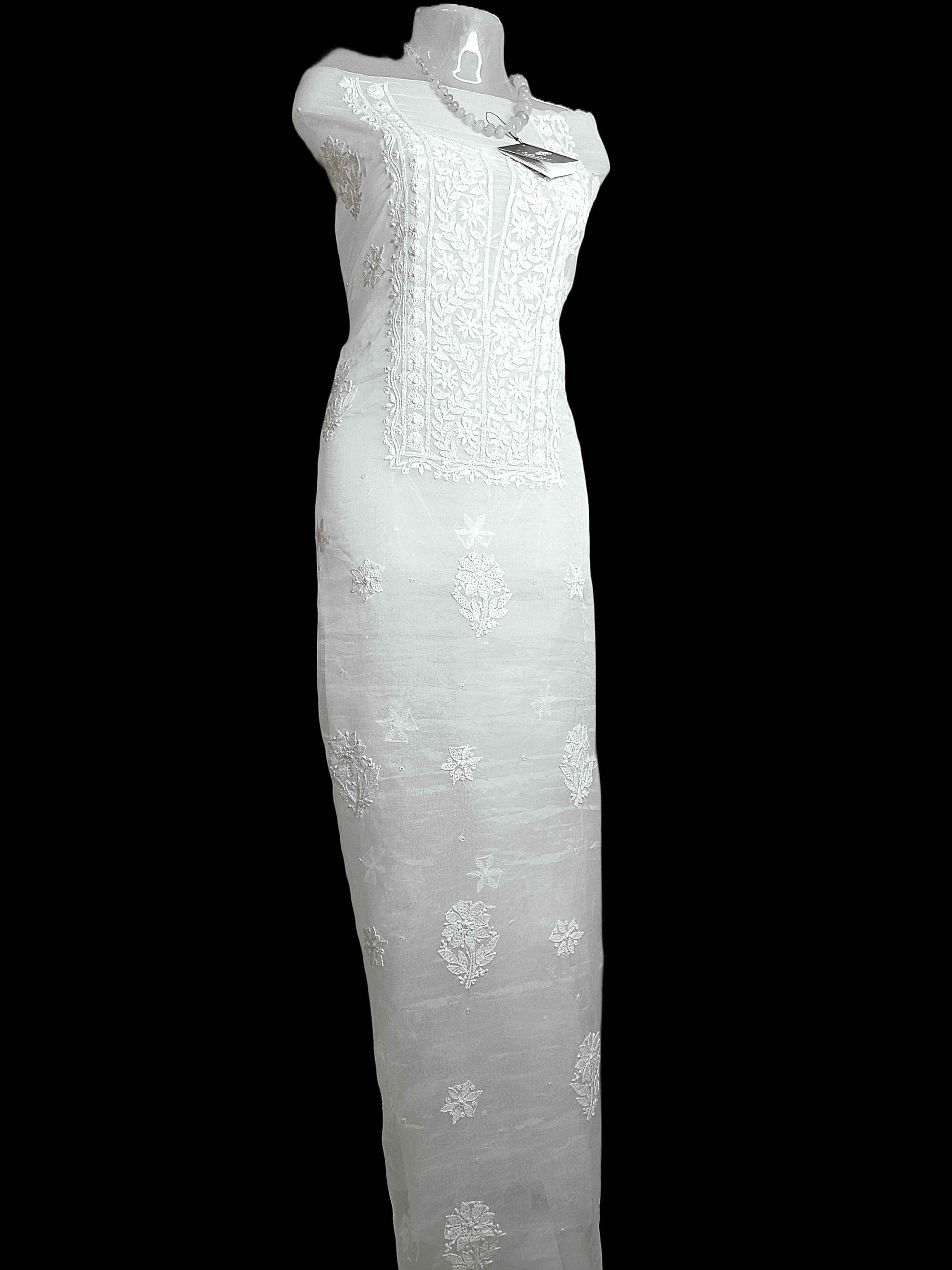 Unstitched Semi Organza Chikankari And Zardozi Women's Kurta Dupatta - White