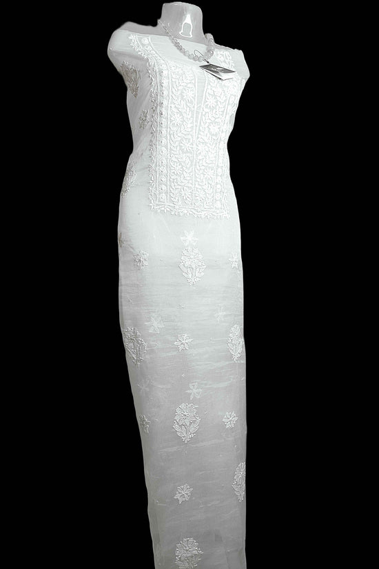 Unstitched Semi Organza Chikankari And Zardozi Women's Kurta Dupatta - White