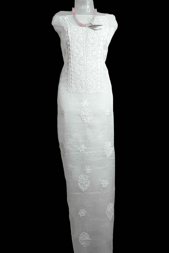 Unstitched Semi Organza Chikankari And Zardozi Women's Kurta Dupatta - White