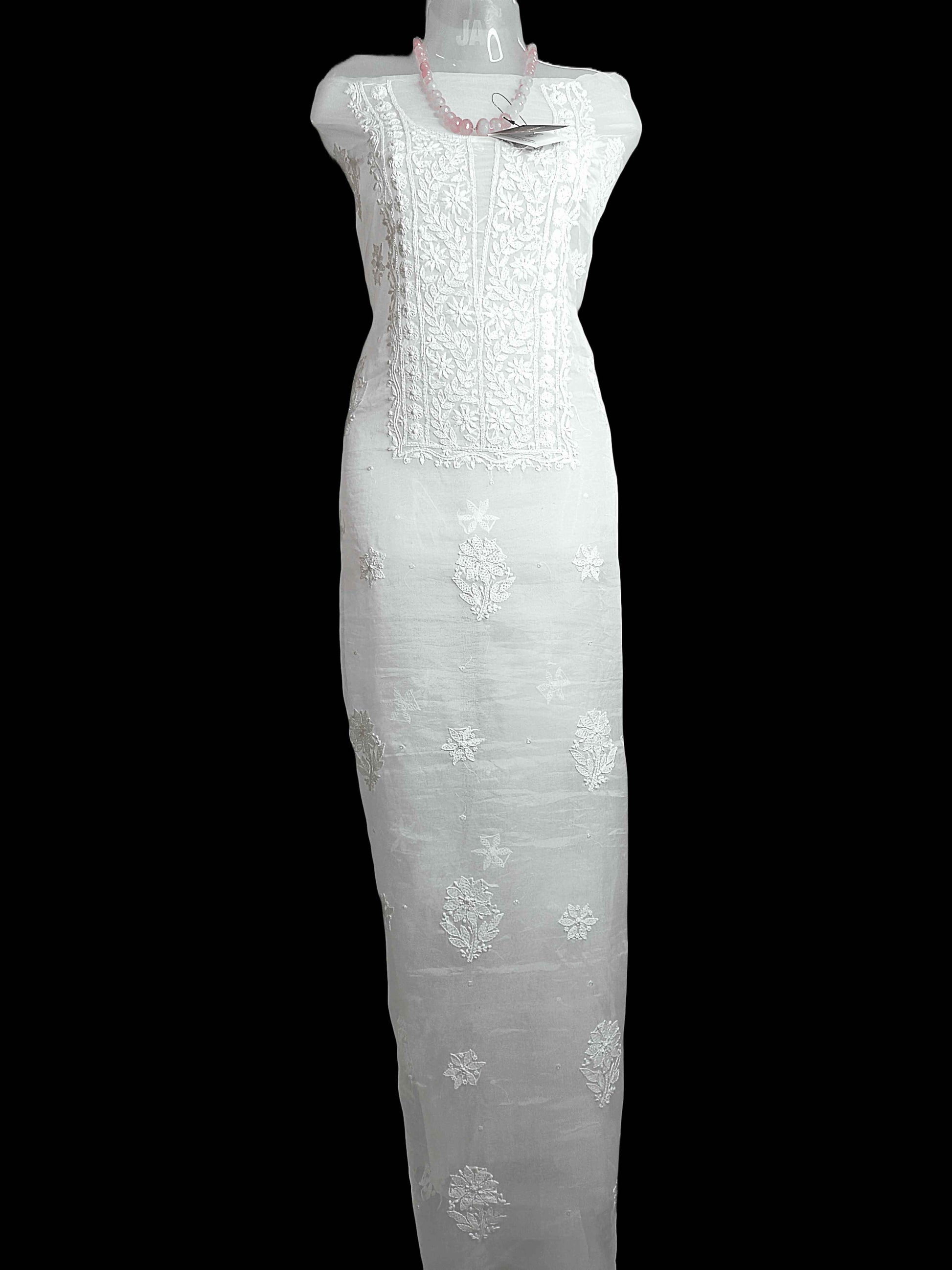 Unstitched Semi Organza Chikankari And Zardozi Women's Kurta Dupatta - White