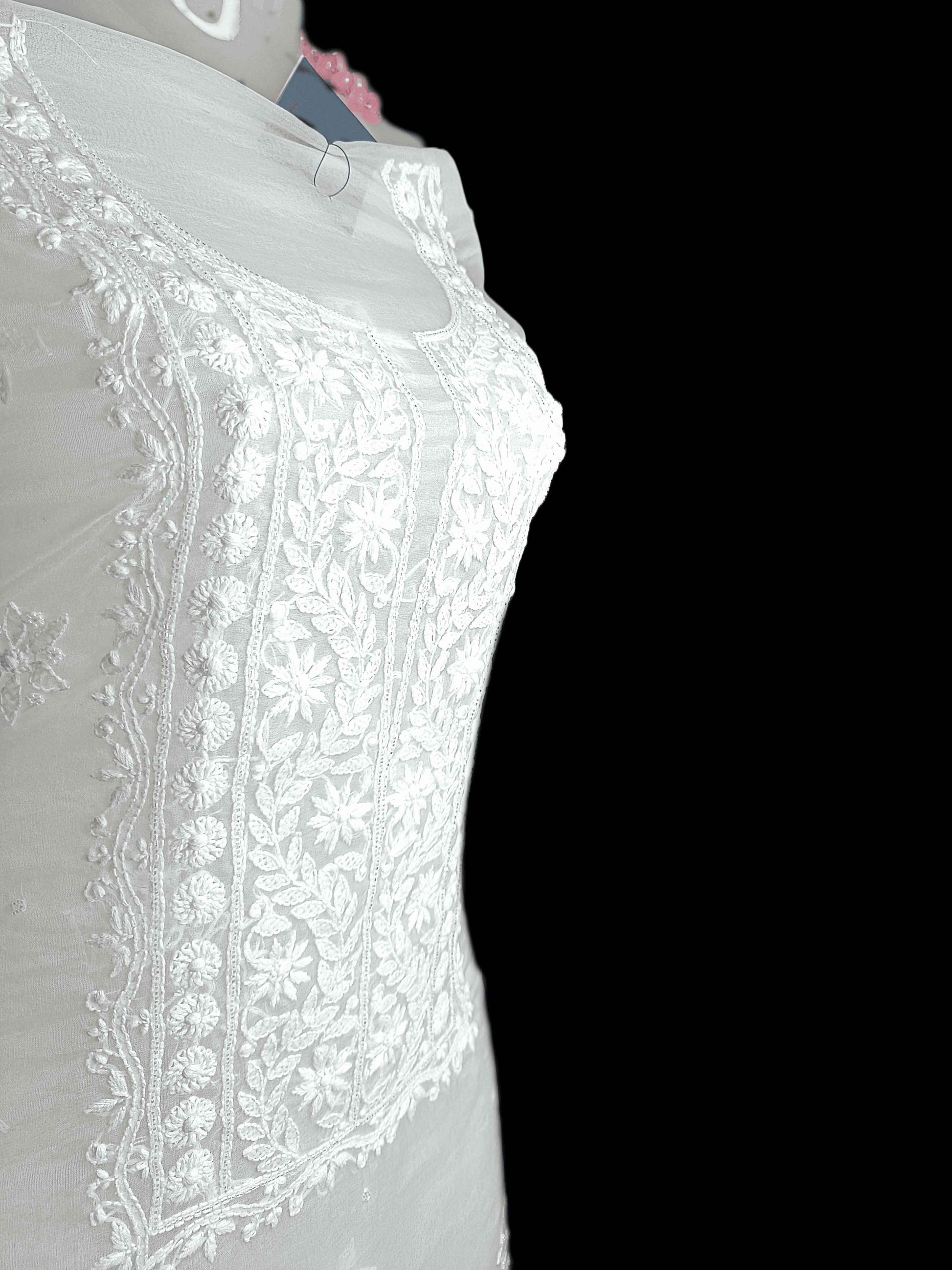 Unstitched Semi Organza Chikankari And Zardozi Women's Kurta Dupatta - White