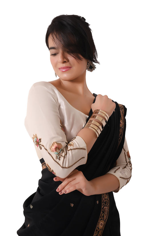 Silky Cotton Resham Zardozi Work Unstitched Blouse - Off-White