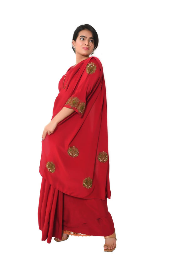 Pure Crepe Zardozi Work Saree with Blouse - Red