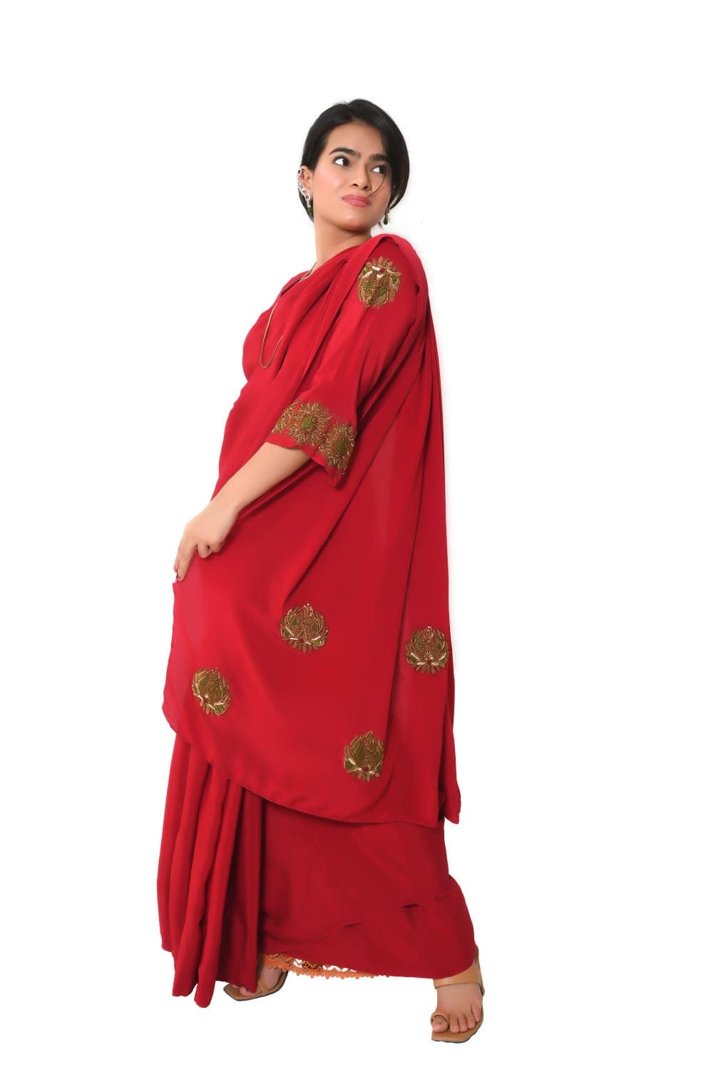 Pure Crepe Zardozi Work Saree with Blouse - Red