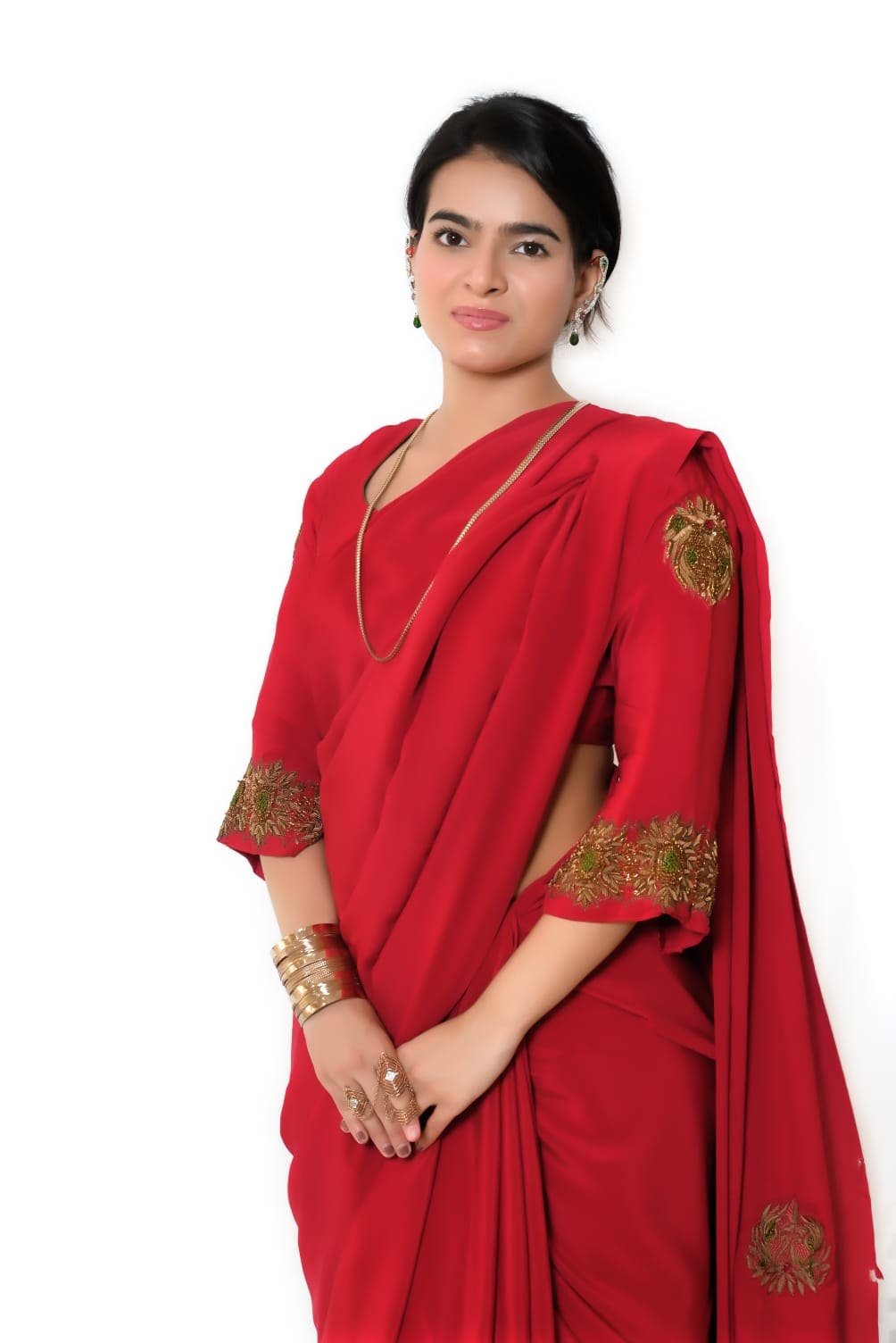Pure Crepe Zardozi Work Saree with Blouse - Red
