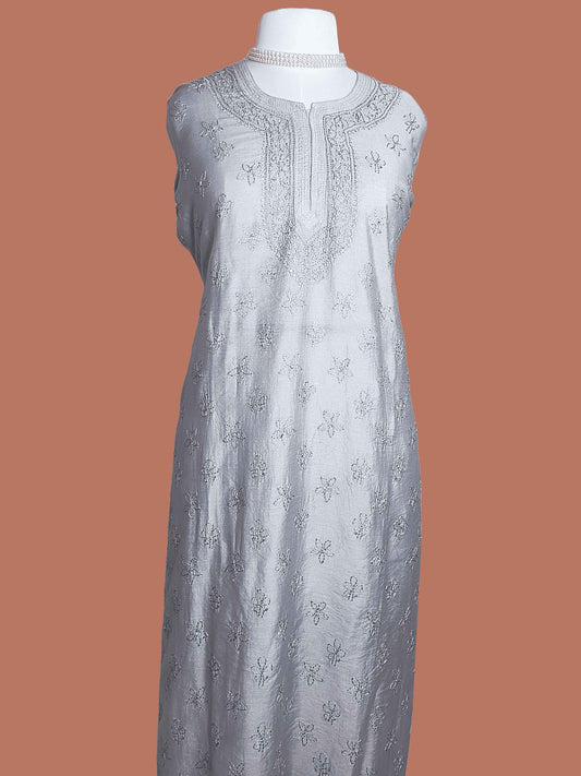 Semi-Chanderi Chikankari Women's Stitched Kurta with Side Slit - Grey