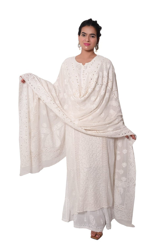 Viscose All Over Chikankari Jal Work With Heavy Mukesh Work Dupatta - Off-White