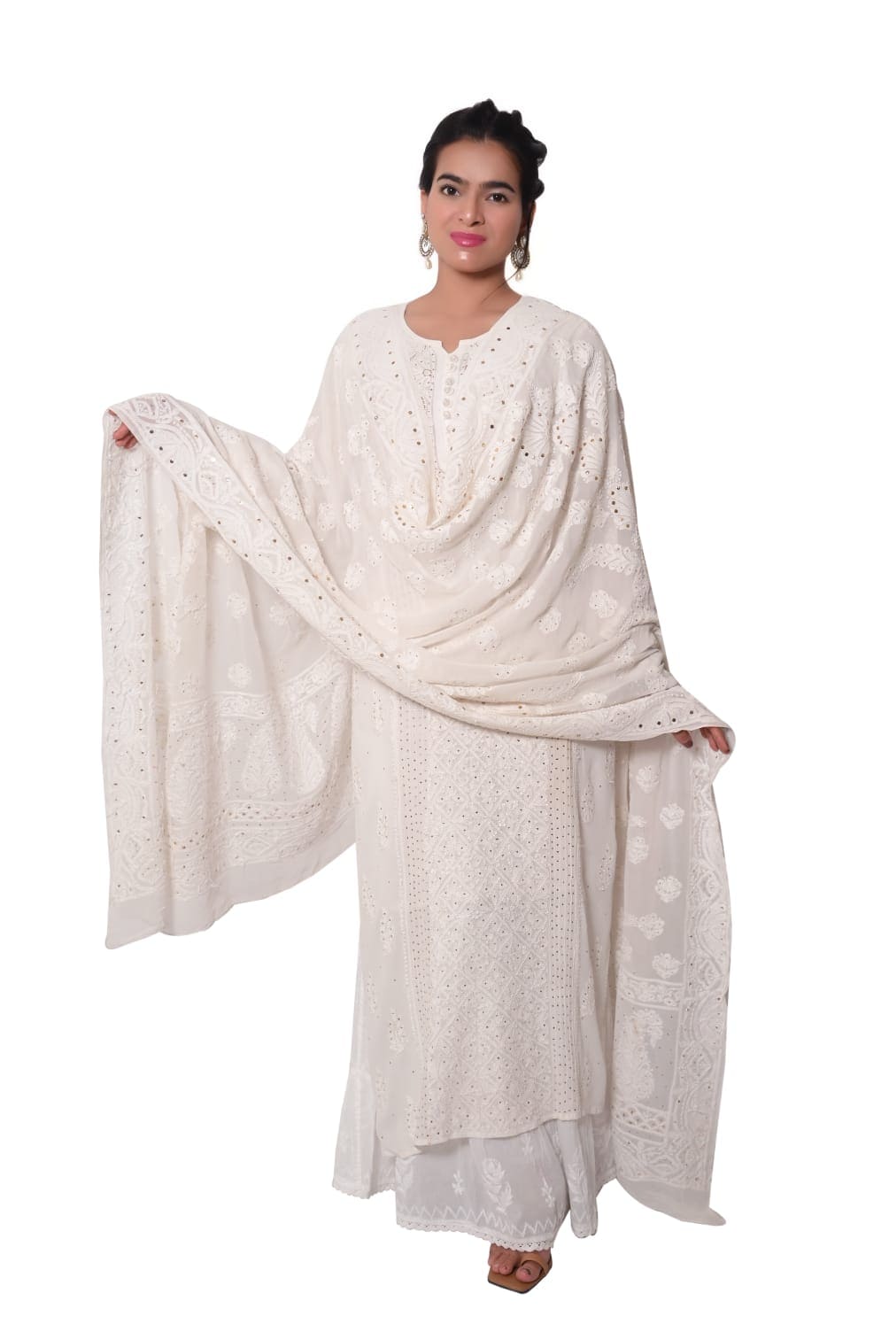 Viscose All Over Chikankari Jal Work With Heavy Mukesh Work Dupatta - Off-White
