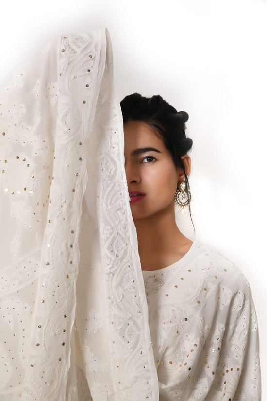 Viscose All Over Chikankari Jal Work With Heavy Mukesh Work Dupatta - Off-White
