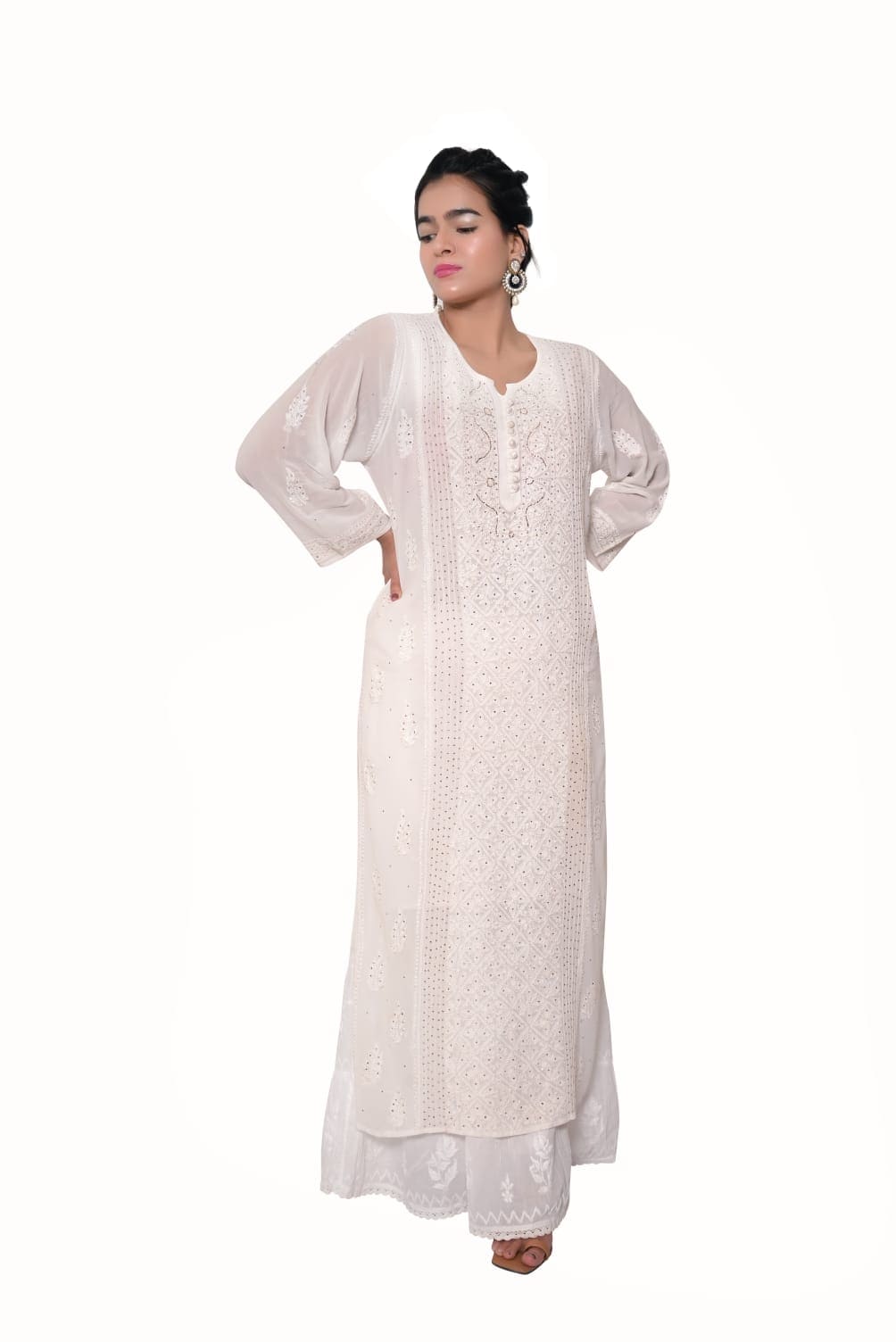 Viscose Chikankari And Zardozi Women's Stitched Kurta - White