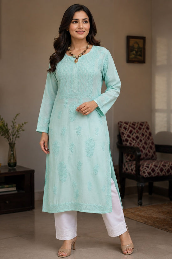 Muslin Chikankari Women Stitched Kurta - Green