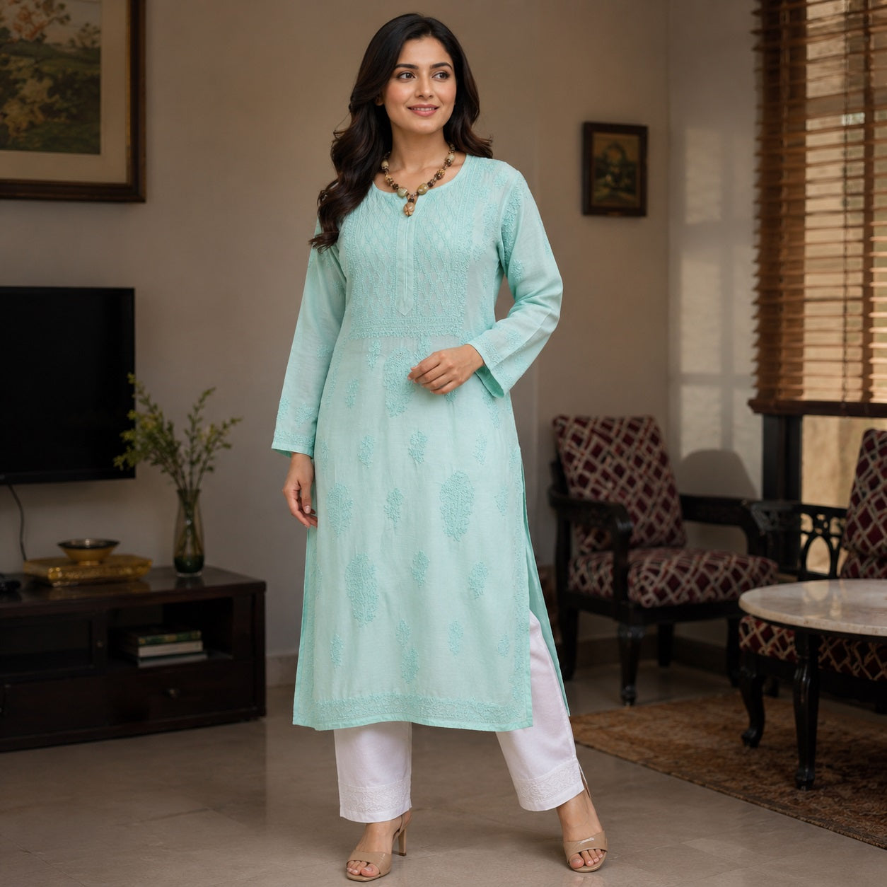 Muslin Chikankari Women Stitched Kurta - Green