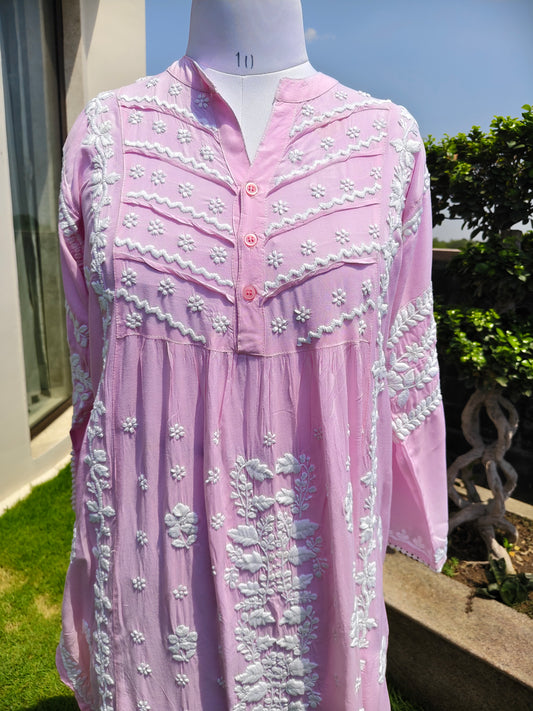 Stitched Modal Chikankari Kurta-Pink