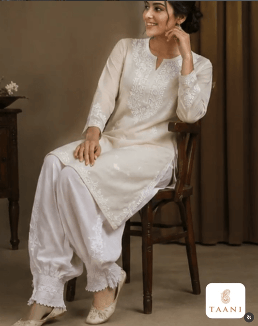 Pure Cotton Afghani Chikankari Bottom with Cotton Lace Detailing - White