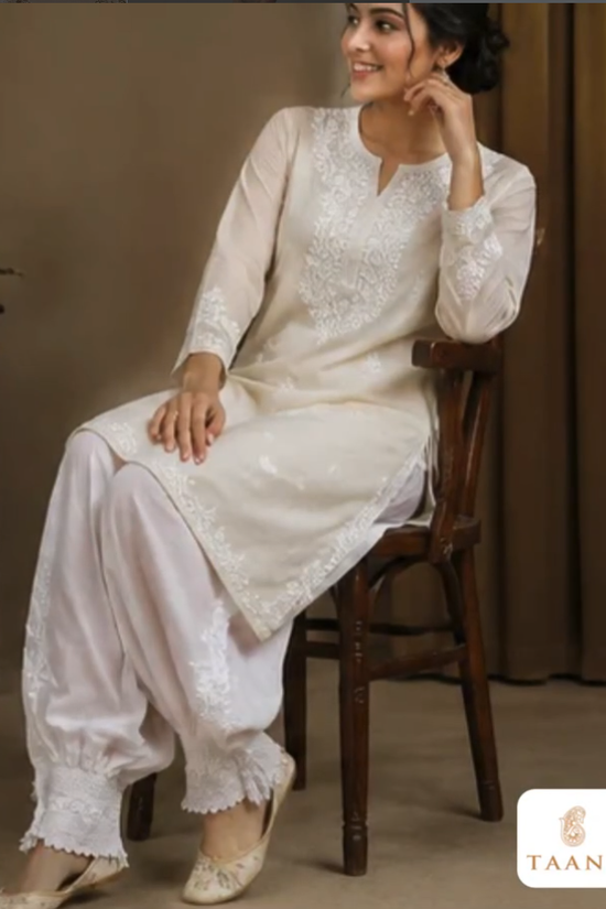 Pure Cotton Afghani Chikankari Bottom with Cotton Lace Detailing - White