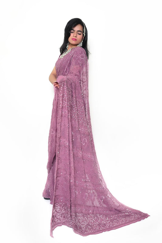 Pure Georgette Chikankari & Zardozi Embroidered Saree – Wine