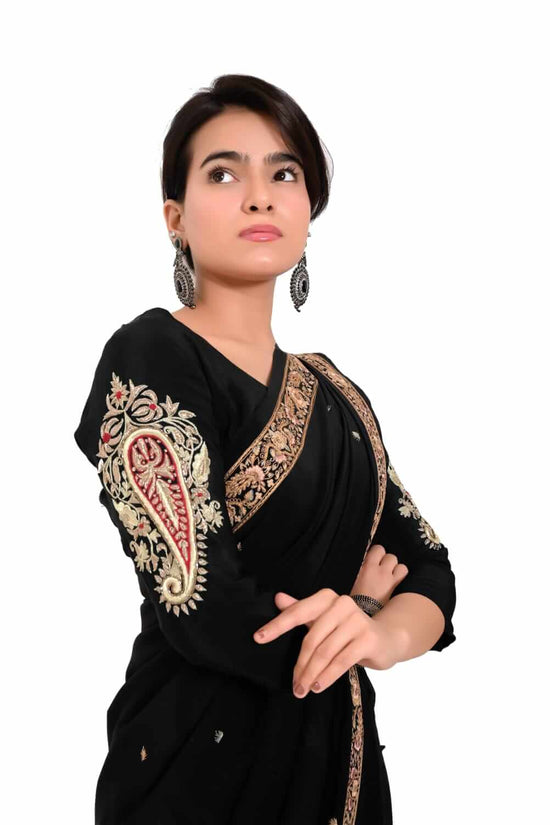 Pure Crepe with Heavy Zardozi Work on Sleeves And Back Unstitched Blouse - Black