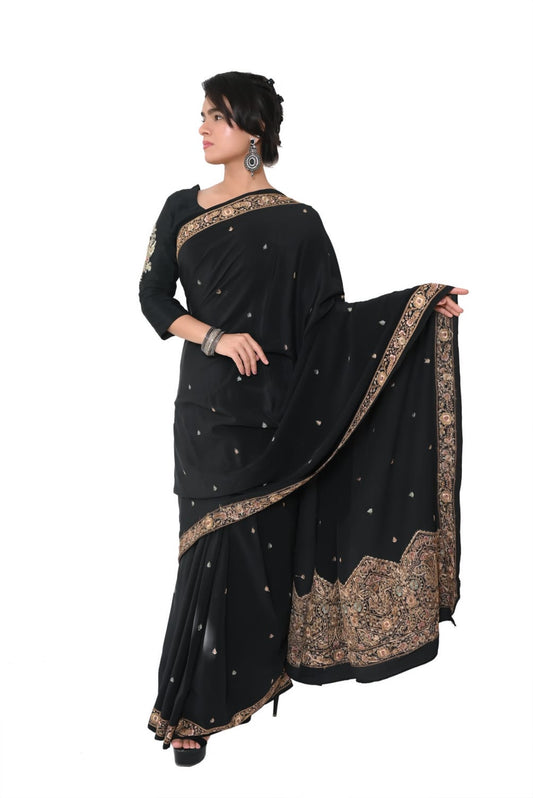 Pure Crepe Heavy Kashmiri Work Saree with Blouse Having same Kashmiri embroidary - Black