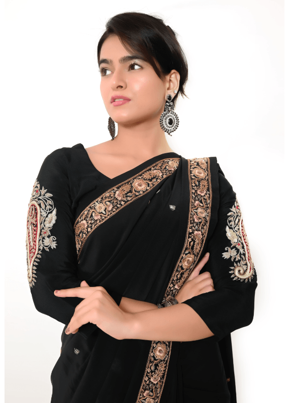 Pure Crepe with Heavy Zardozi Work on Sleeves And Back Unstitched Blouse - Black