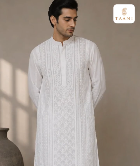 Cotton Chikankari Applique Work Men Stitched Kurta - Off White