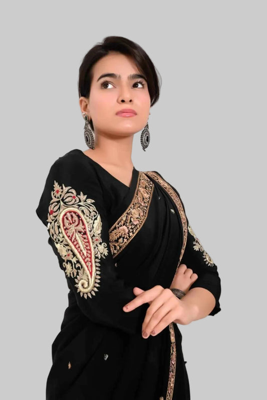 Pure Crepe with Heavy Zardozi Work on Sleeves And Back Unstitched Blouse - Black - Taani