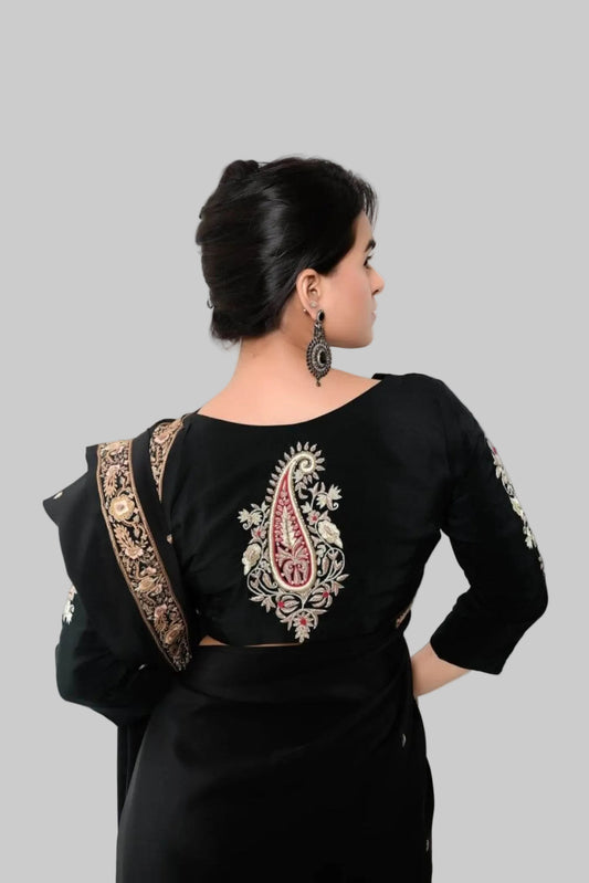 Pure Crepe with Heavy Zardozi Work on Sleeves And Back Unstitched Blouse - Black - Taani