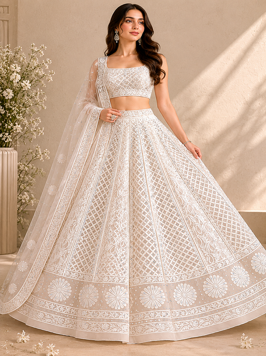 Viscose Chikankari & Mukaish Work Lehenga Set